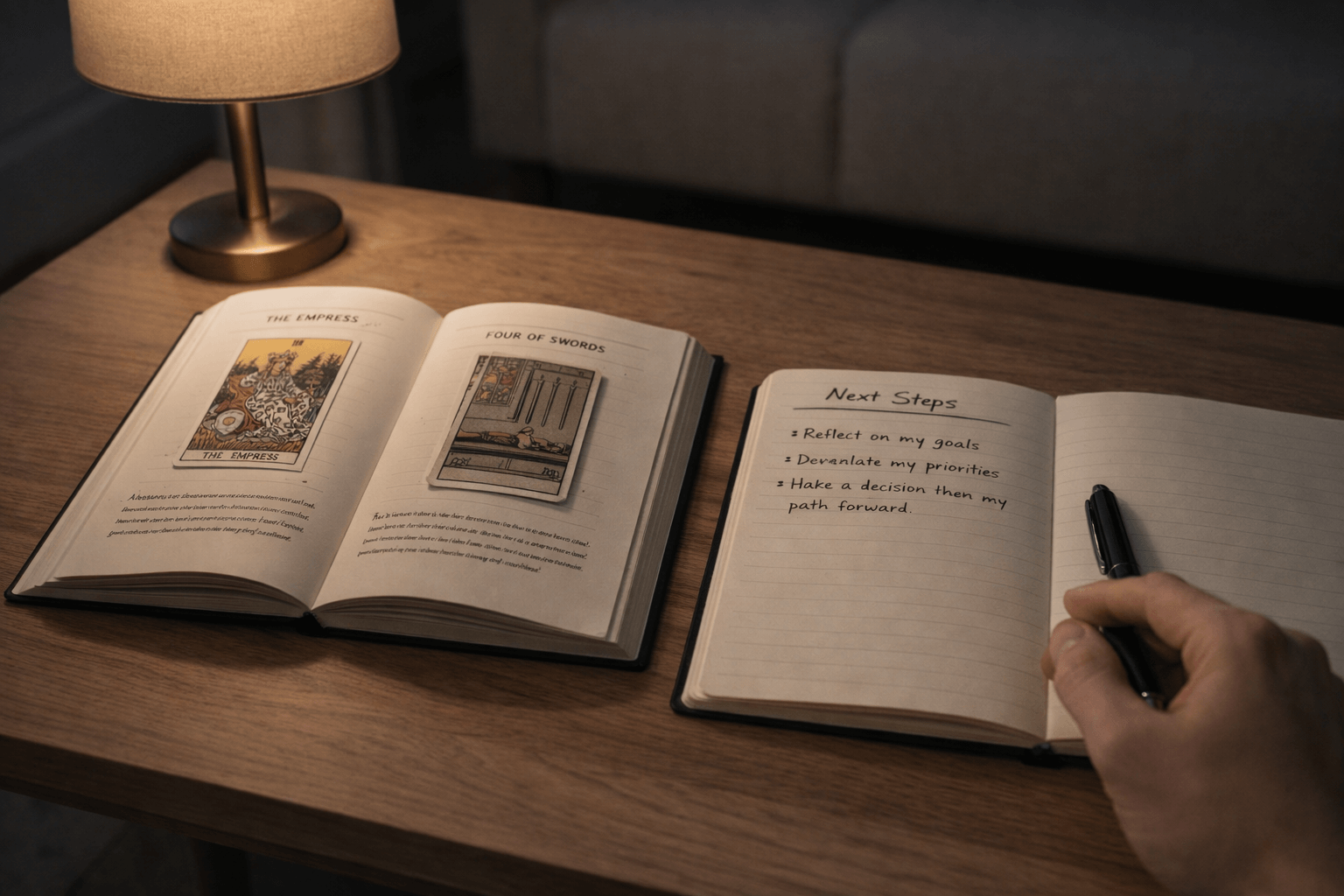 Tarot book and journal on a desk