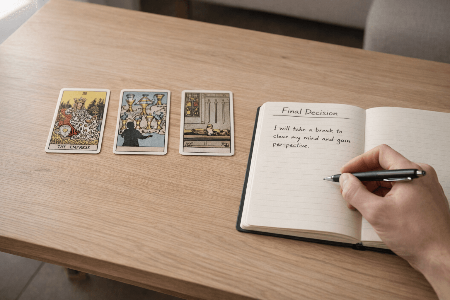 Tarot reading method with notes and a clear decision
